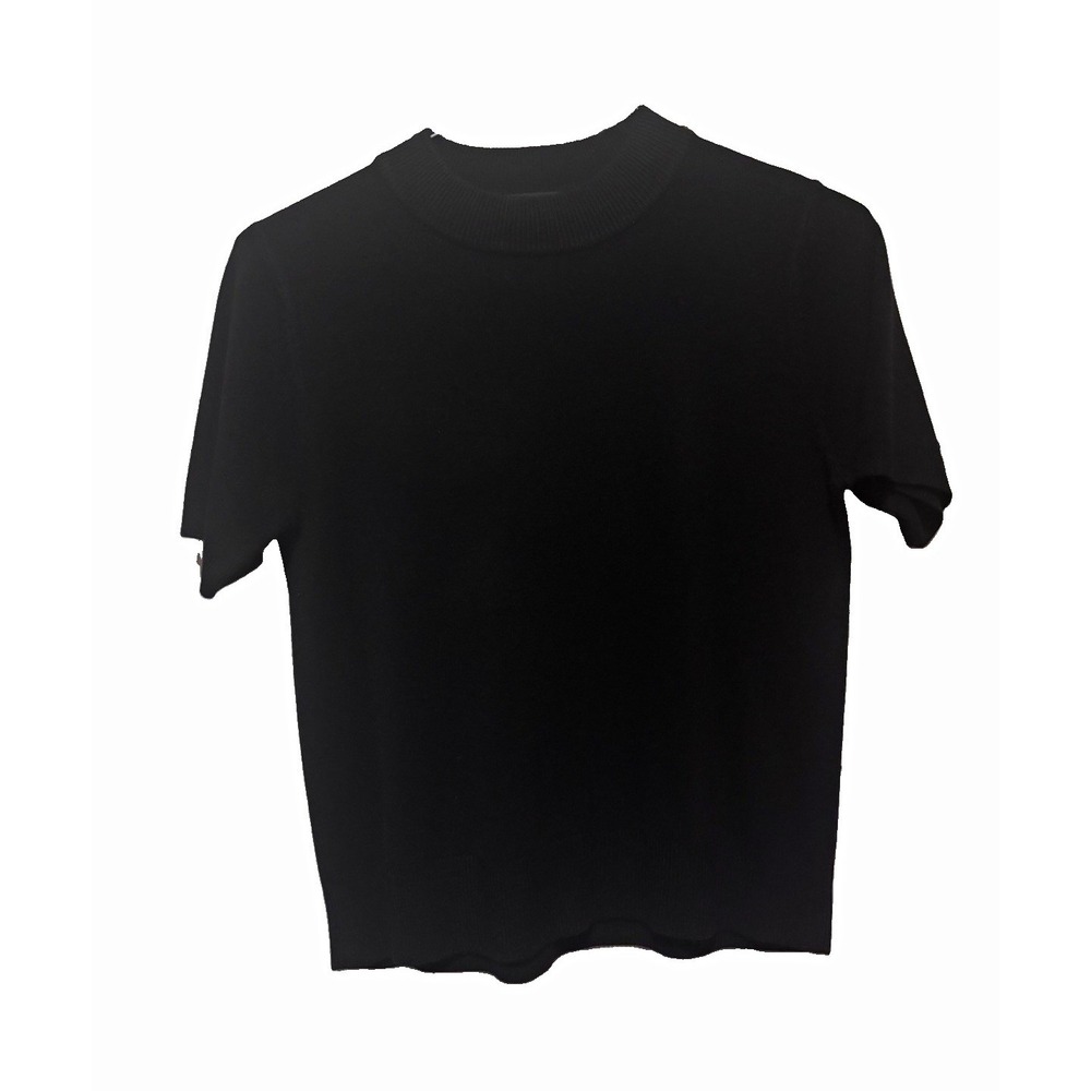 VTG Sag Harbor Women's Black Knit Top, Short Sleeve Crew Neck Pullover,Petite PM